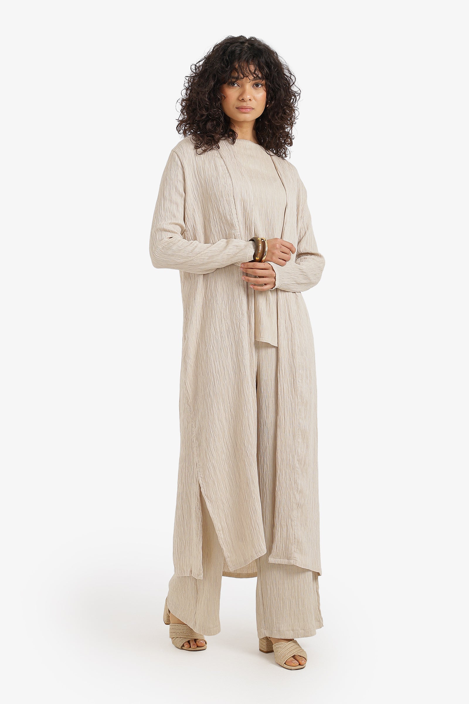 Textured Open-Front Midi Kimono – Light Beige