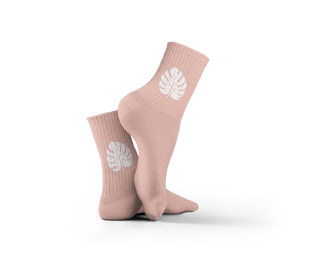 Cotton Pink Leaf Pattern Crew Socks – Light Pink