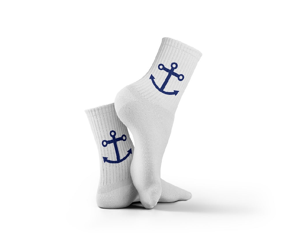 Cotton Blue Anchor Pattern Crew Socks – White