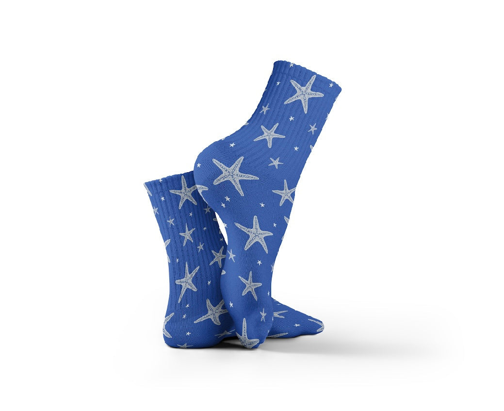 Cotton White Starfish Pattern Crew Socks – Multicolor