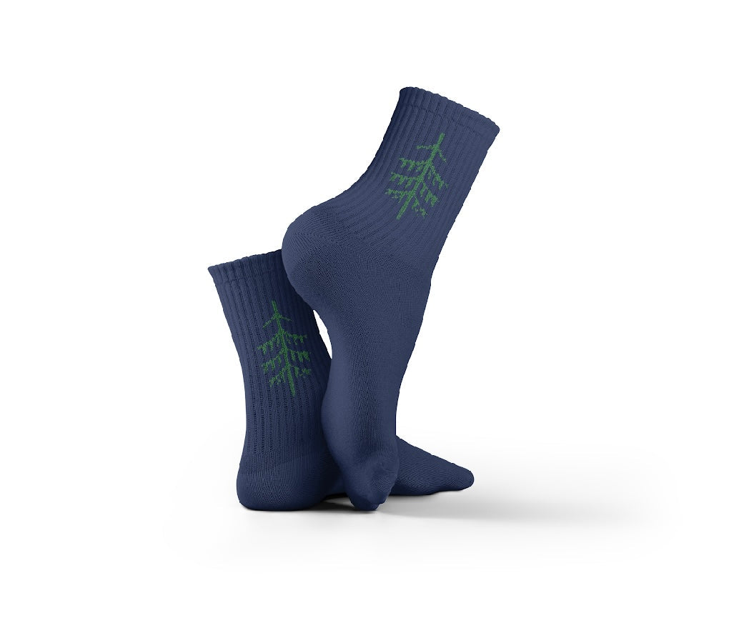 Cotton Green Tree Pattern Crew Socks - Navy
