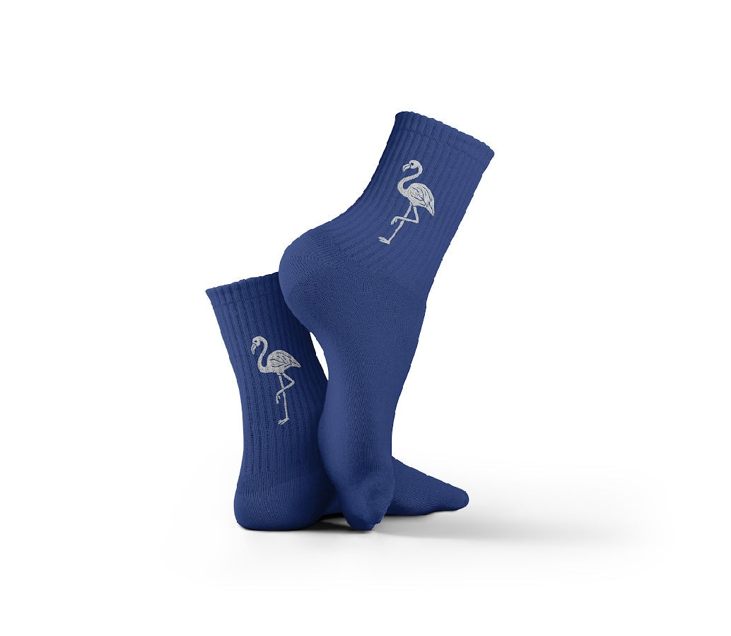 Cotton White Flamingo Crew Socks - Navy