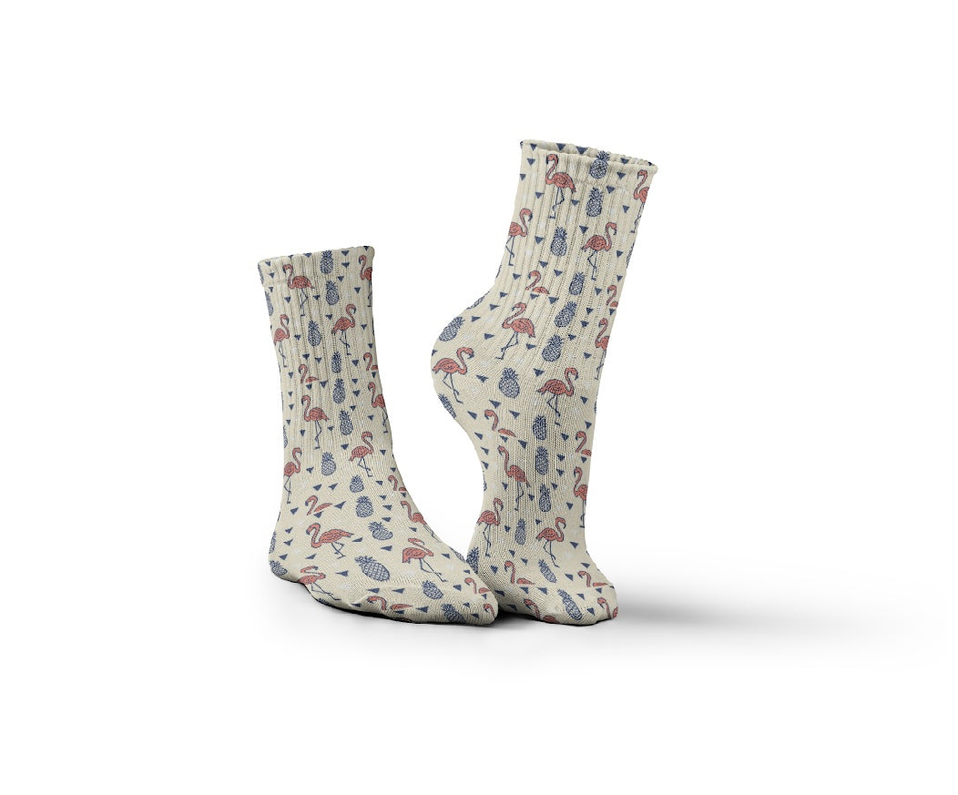 Cotton Flamingo Dreams Pattern Crew Socks - Multicolor