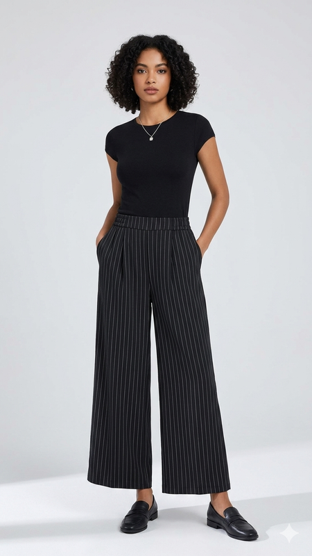 Pinstripe Wide-Leg Pants - Black