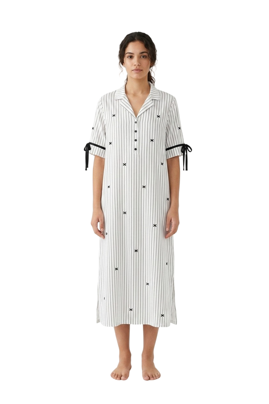 Long Printed Nightgown - White & Black