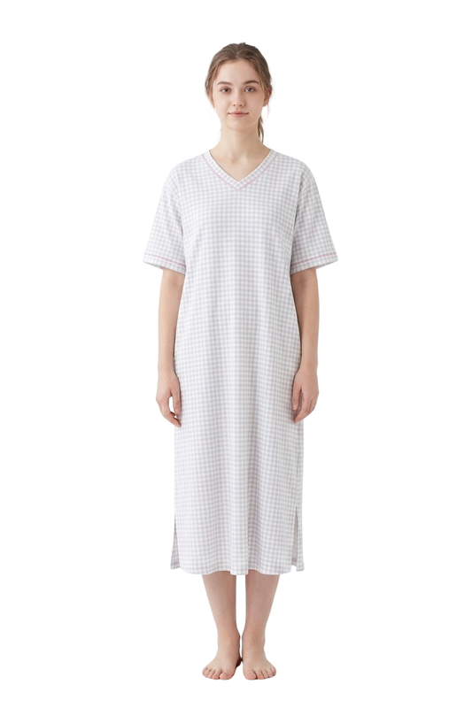 Long Checked Nightgown - Grey & White