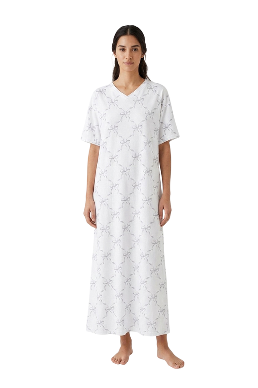Printed V-Neck Nightgown - Grey