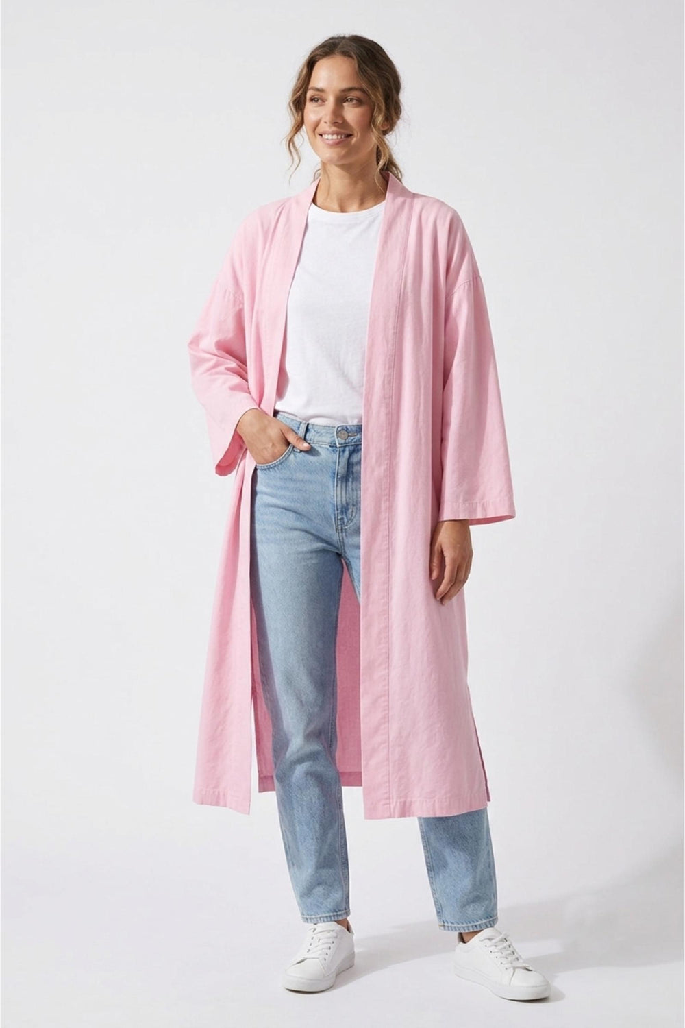 Relaxed Open-Front Midi Cardigan – Pink