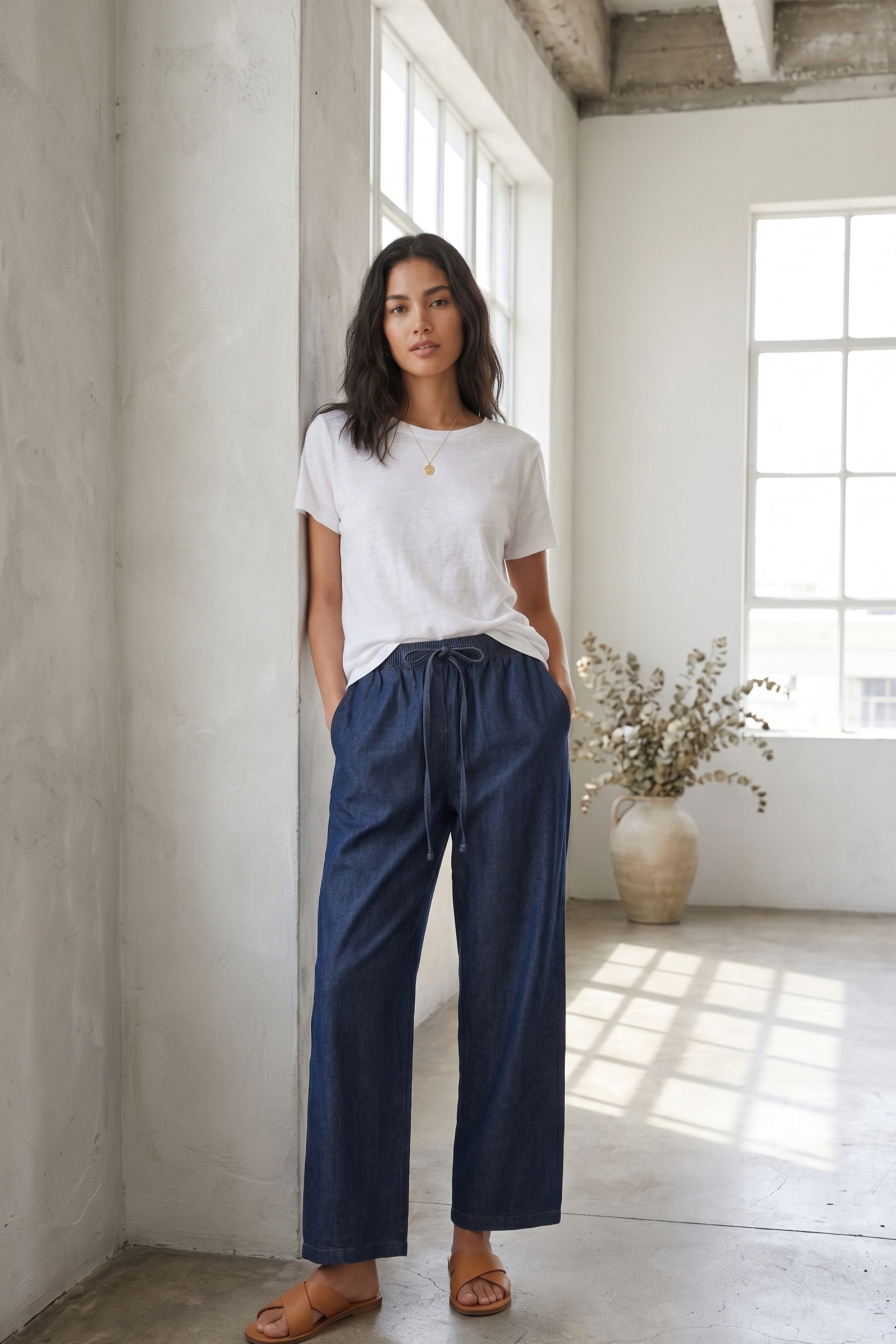 Denim Wide-Leg Pants - Navy