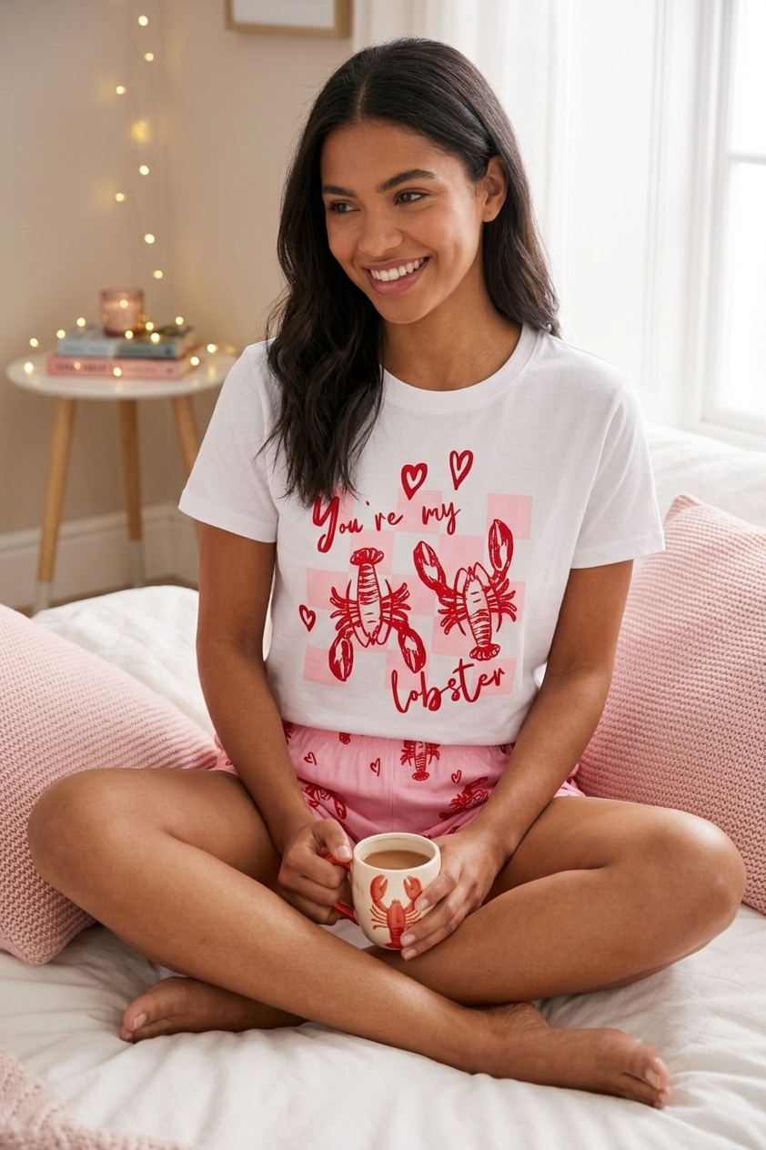 Lobster Print Graphic Pajama Set – White