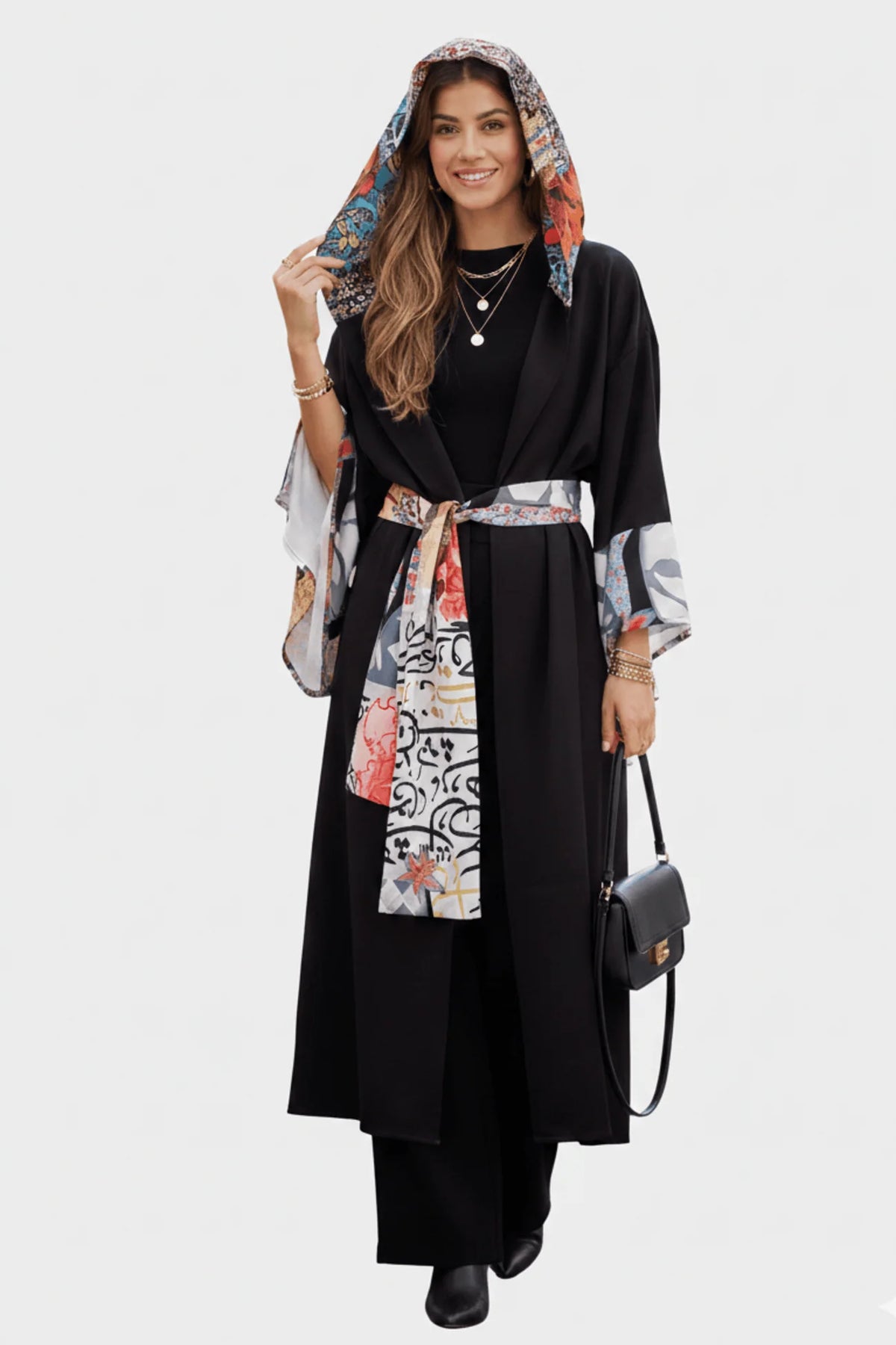 Contrast-Print Midi Kimono – Shawl Collar – Black