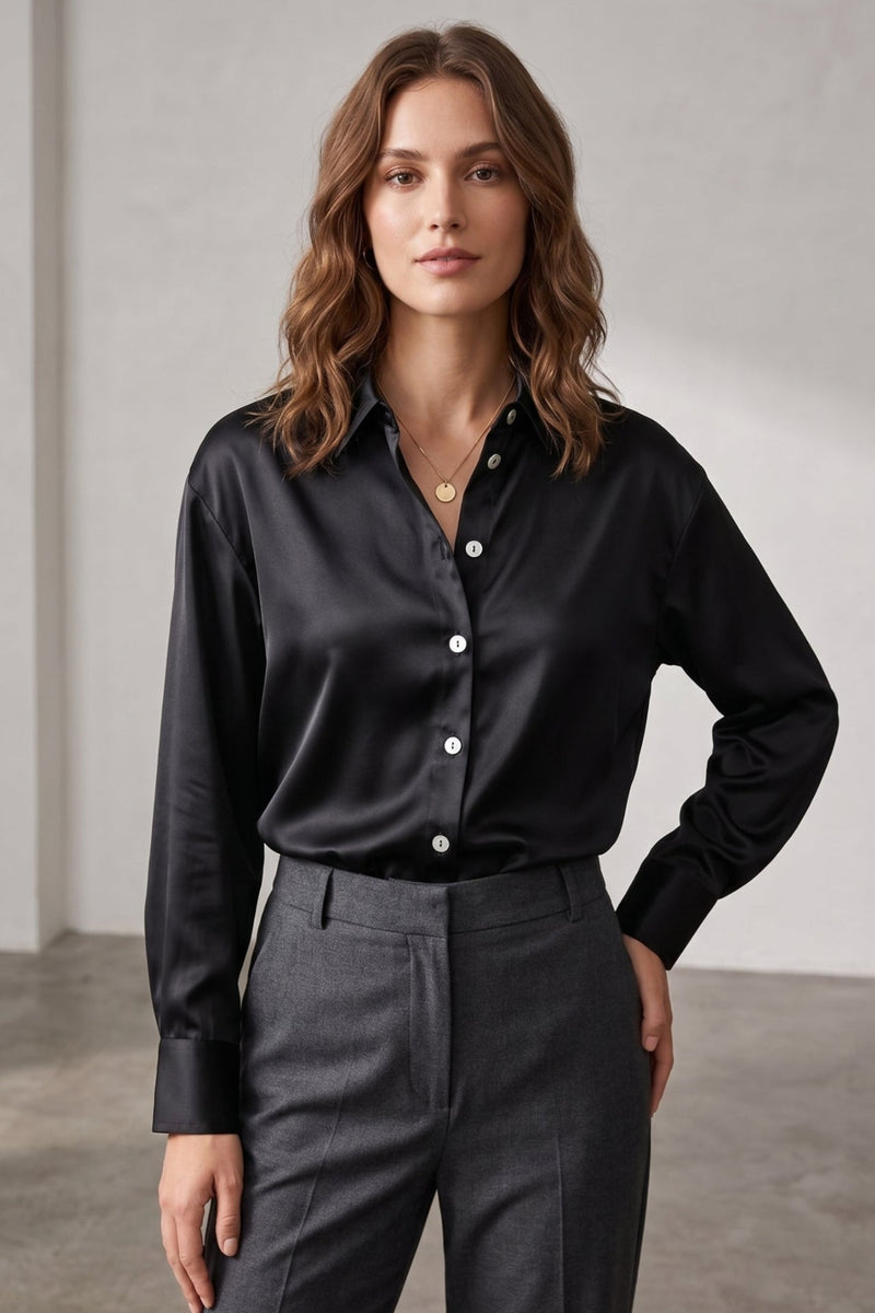 Button-Down Satin Shirt - Black