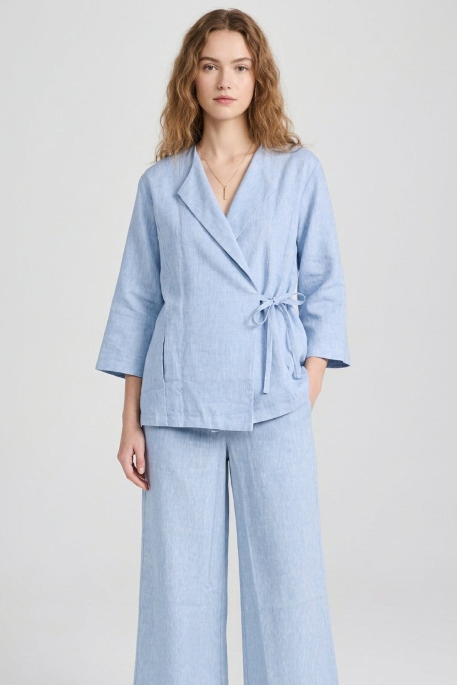 Wrap Design Relaxed Kimono Jacket – Light Blue