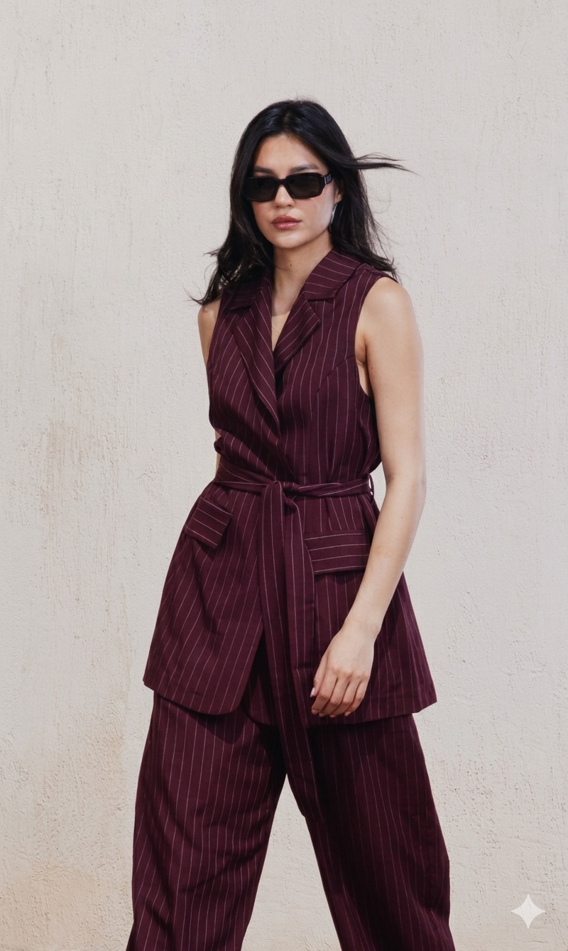 Pinstripe Tie-Back Vest - Burgundy