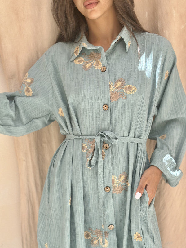 Embroidered Linen Shirt Dress – Mint