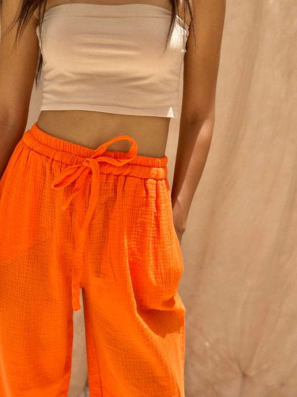 Crinkle Cotton Solid Pants – Orange