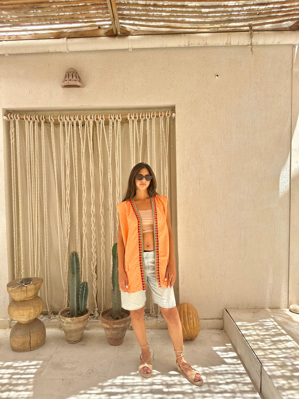 Dacron & Indian Fabric Pattern Vest – Orange