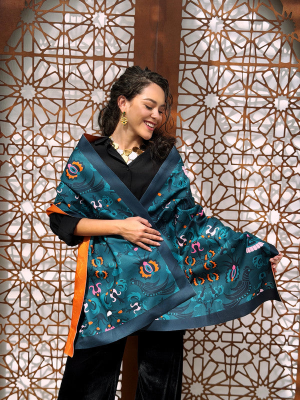 Parrot Double Face Rectangle Shawl – Teal & Orange