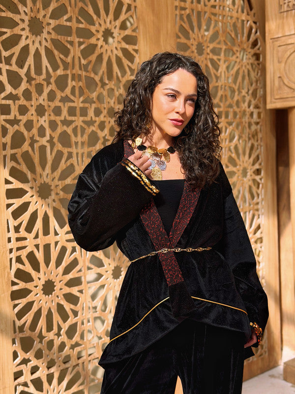 Brocade Trim Padded Velvet Jacket – Black