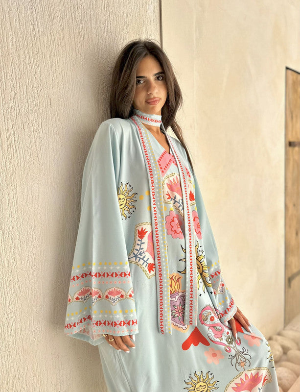 Solaris Printed Long-Sleeve Maxi Dress – Sky Blue