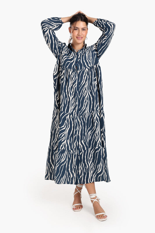 Zebra Print Tiered Maxi Dress – Navy