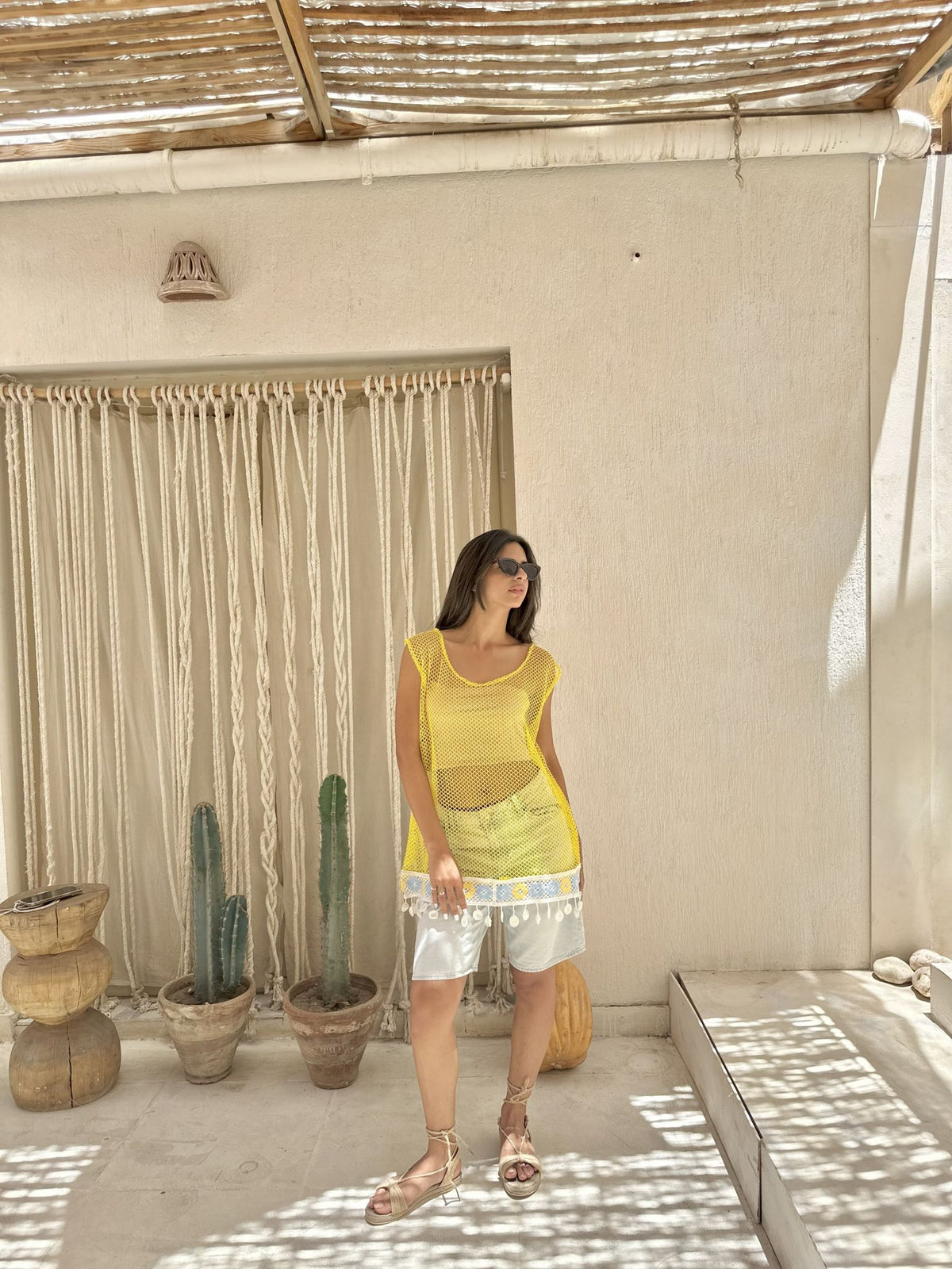 Floral-Trim Mesh Sleeveless Cover-Up – Yellow