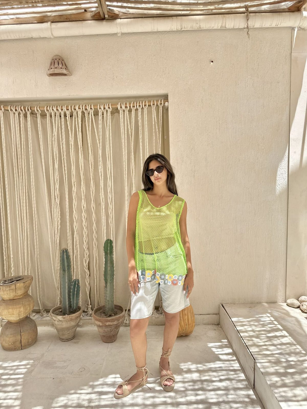 Floral-Trim Mesh Sleeveless Cover-Up – Lime Green