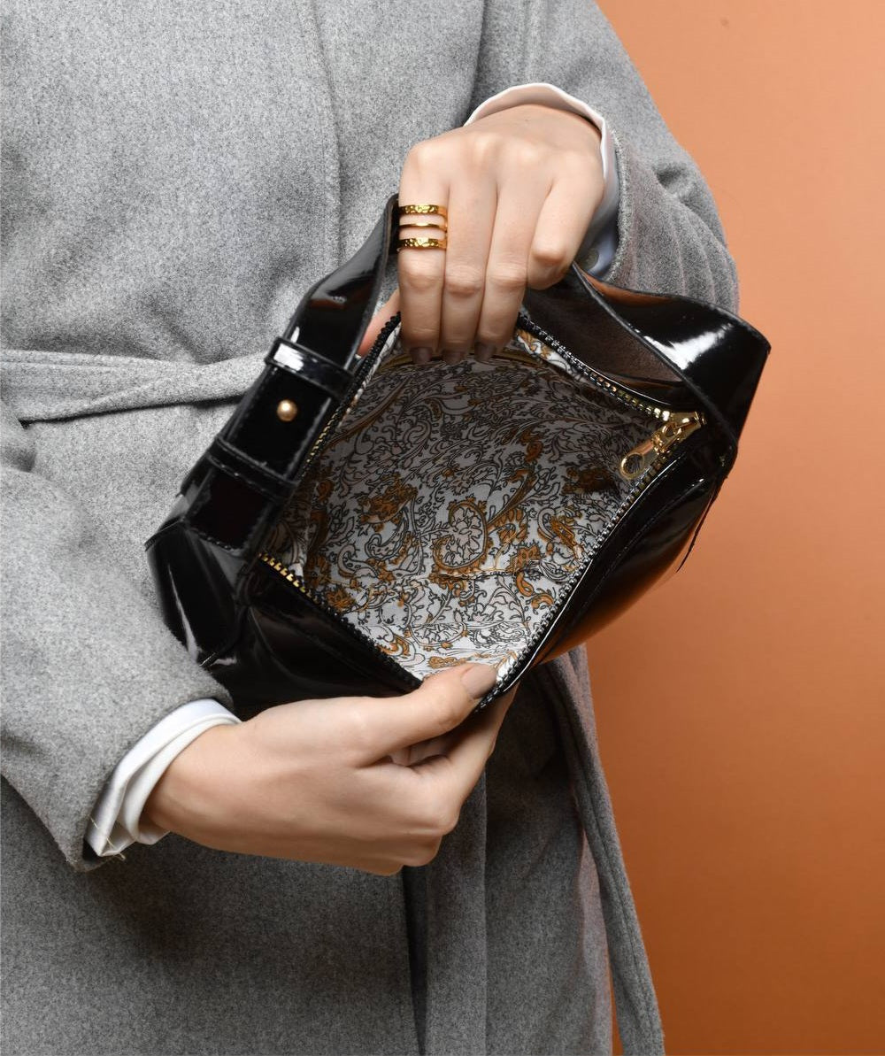 Glossy Patent Leather Logo Shoulder Bag – Black