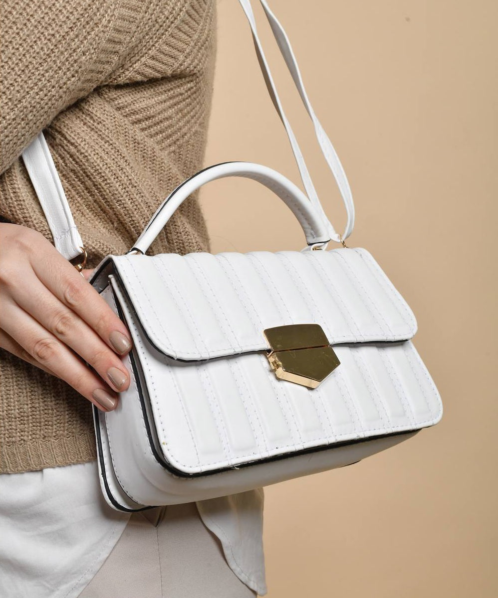 Faux Leather Quilted Flap Shoulder Bag – White