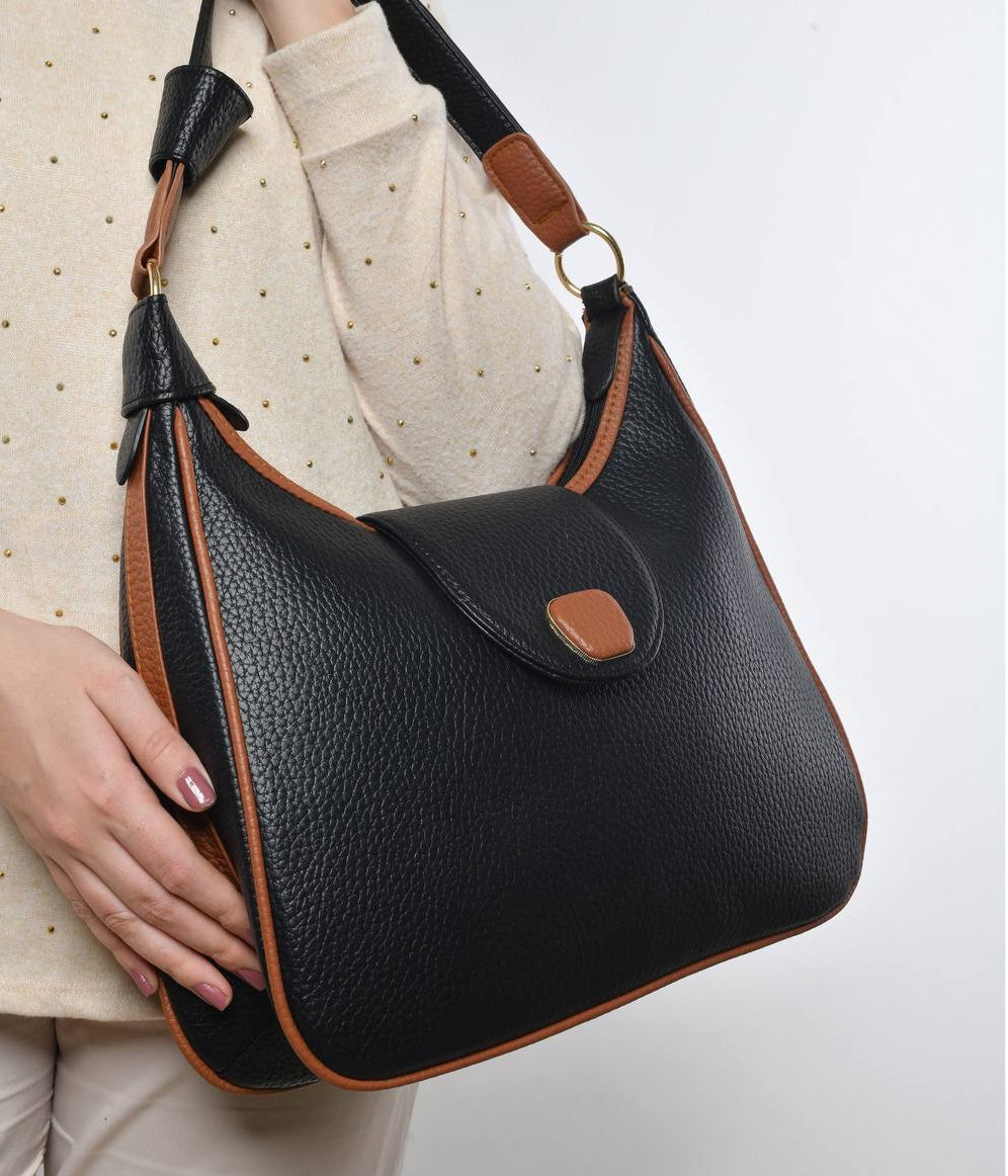 Leather Contrast Trim Shoulder Bag – Black & Brown