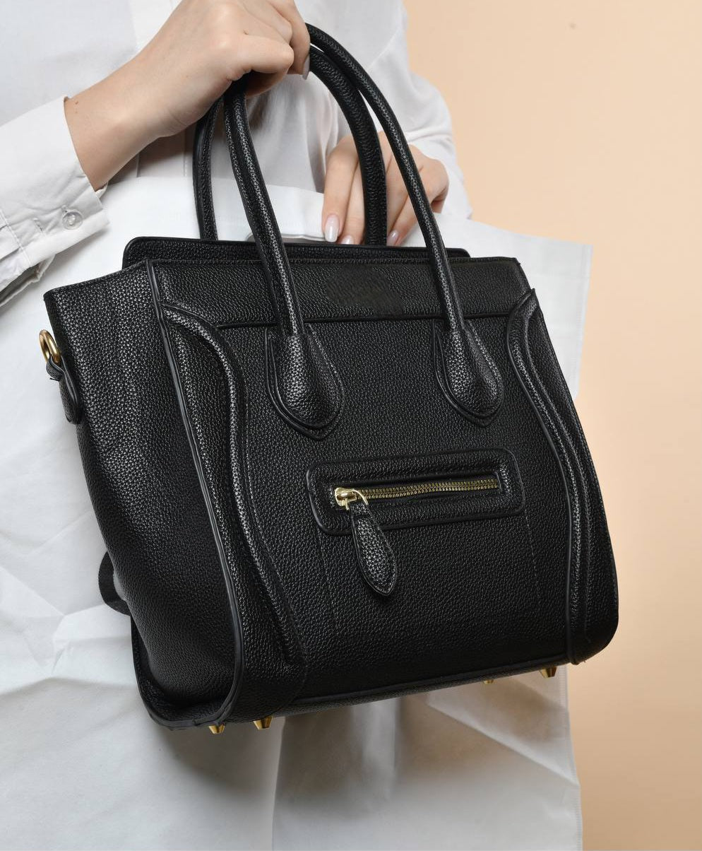 Leather Solid Structured Trapezoid Handbag – Black