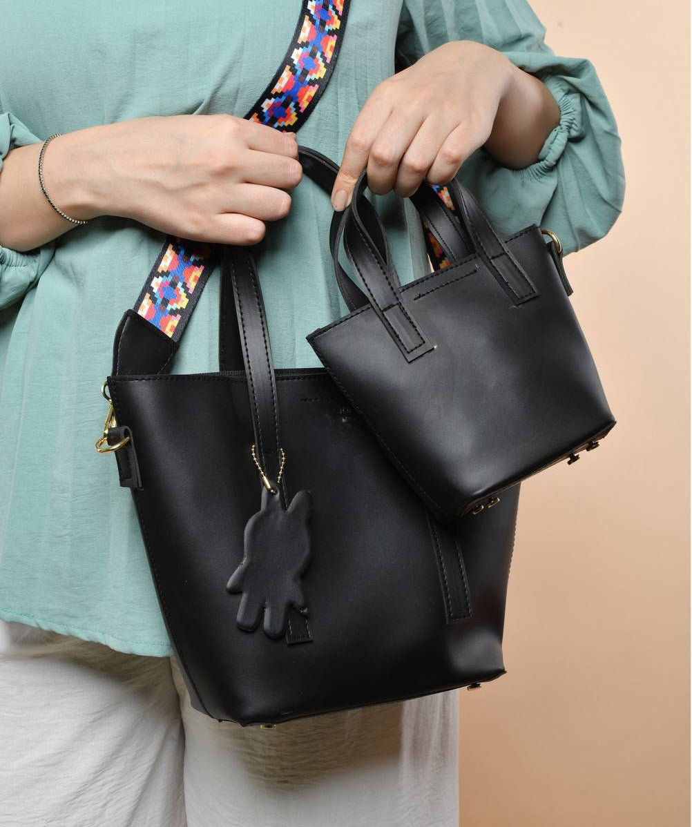 Leather Solid Two-Piece Tote Bag Set – Black