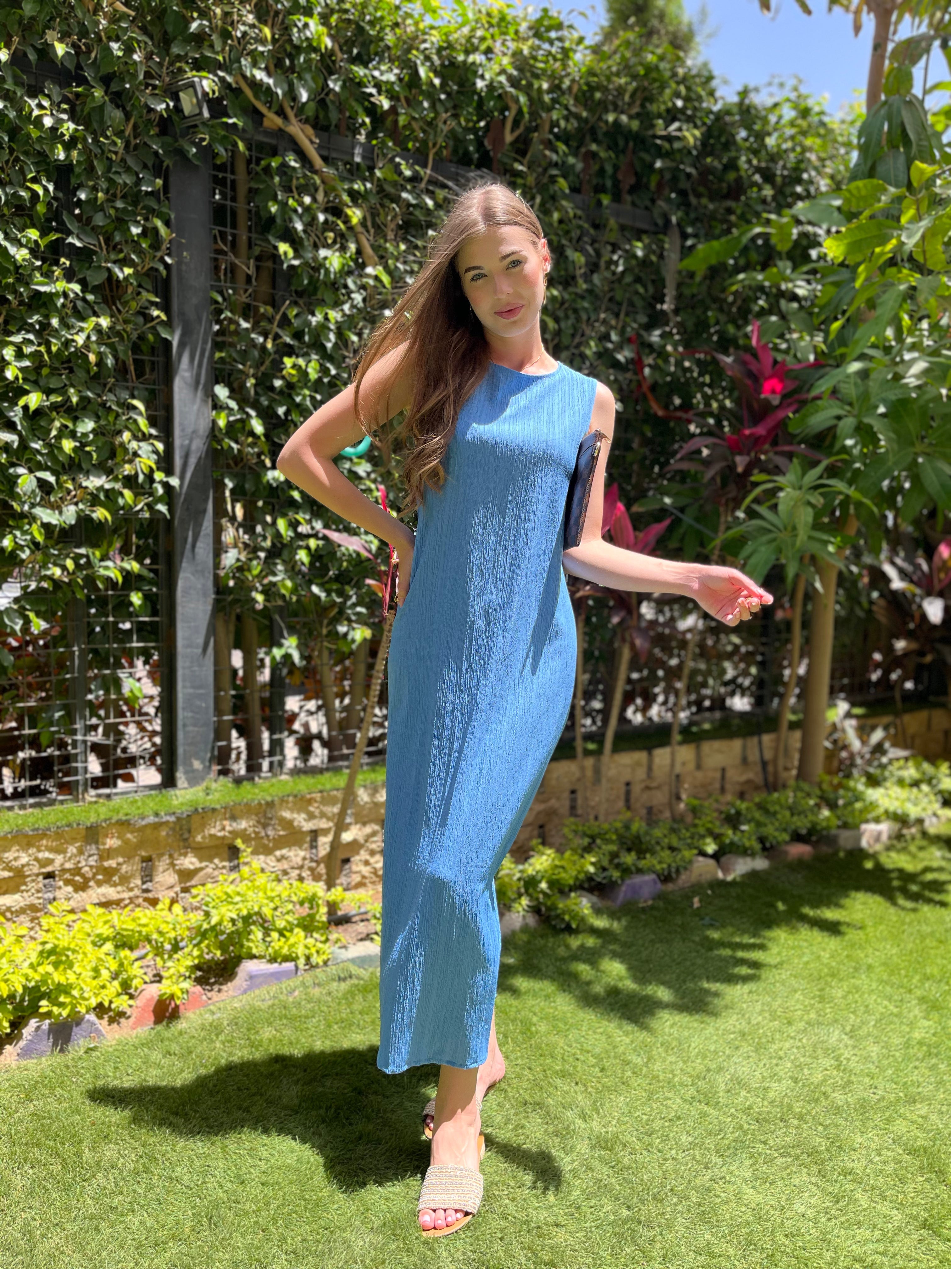 Cotton Pleated Maxi Dress - Ocean Blue