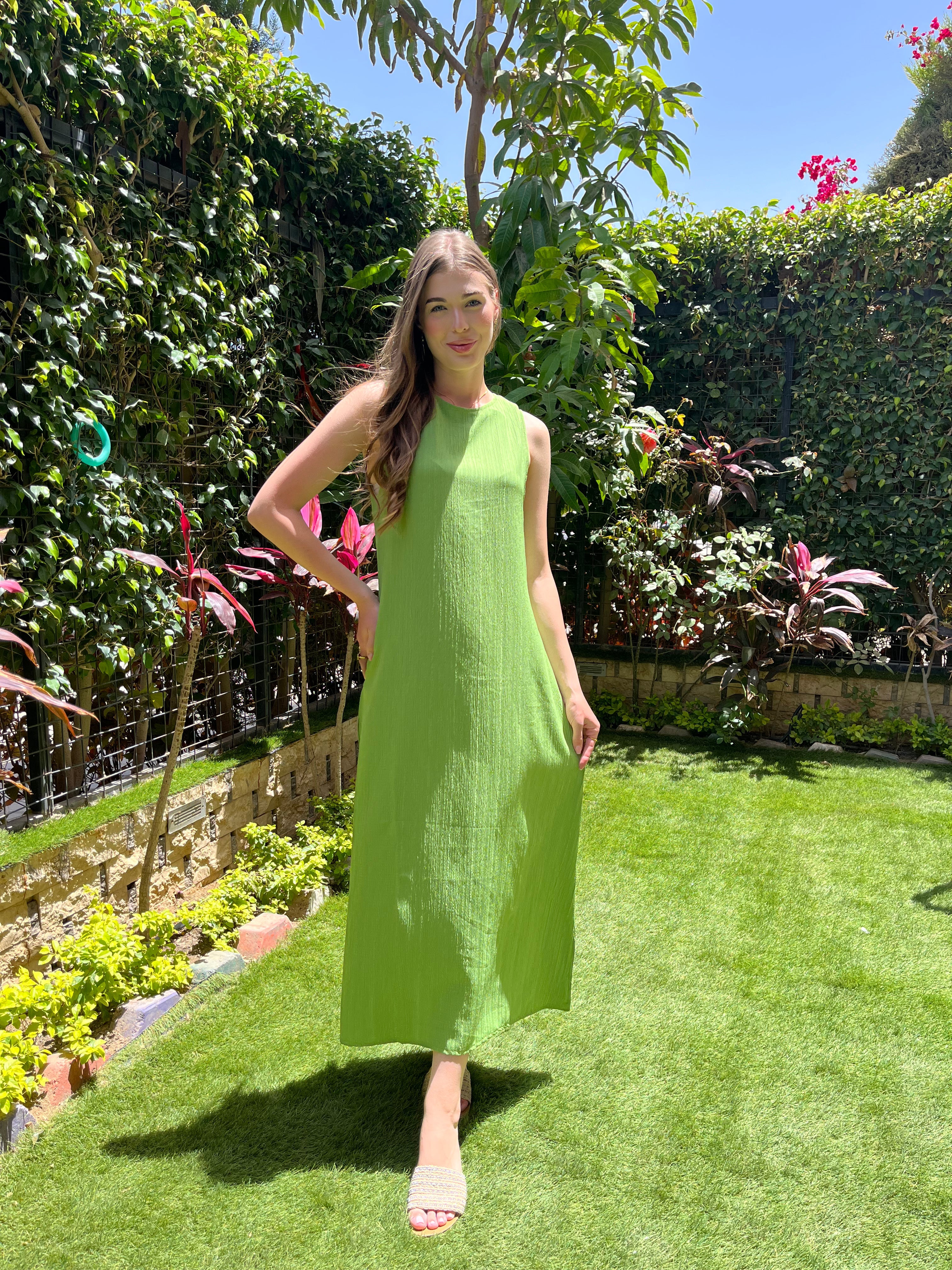 Cotton Pleated Maxi Dress - Lime