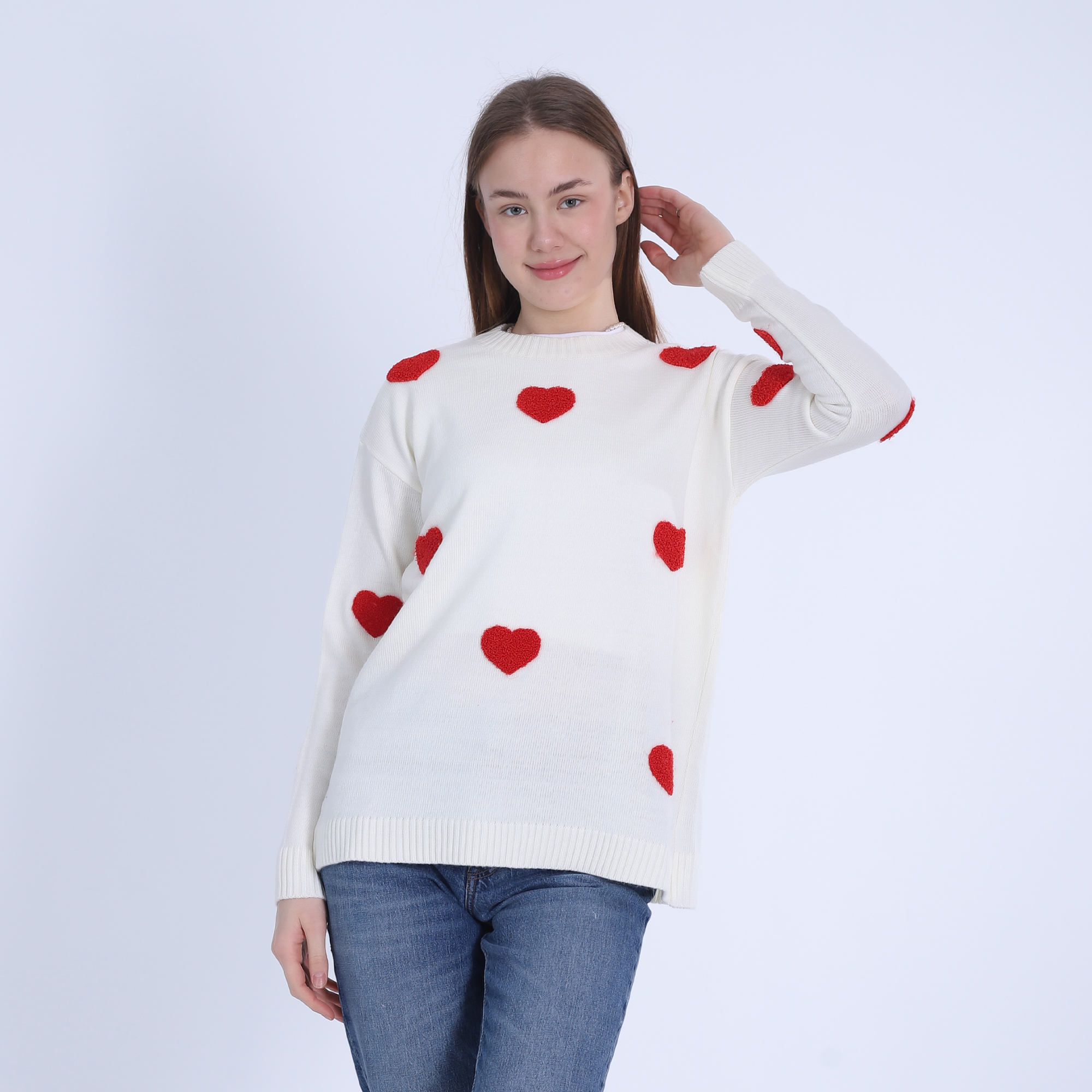 Trico Pullover with Heart-White