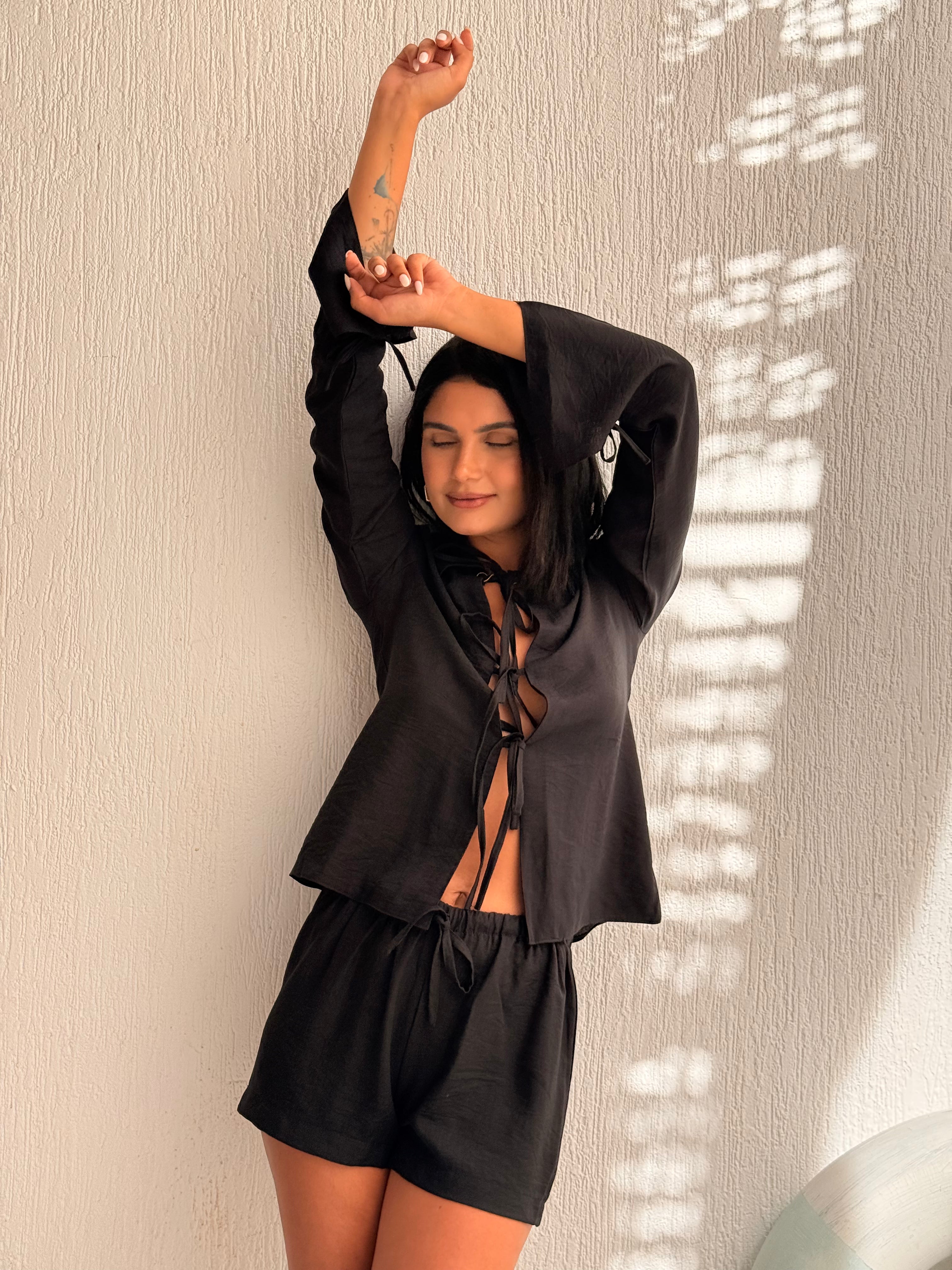 Lace-Up Linen Blouse – Black