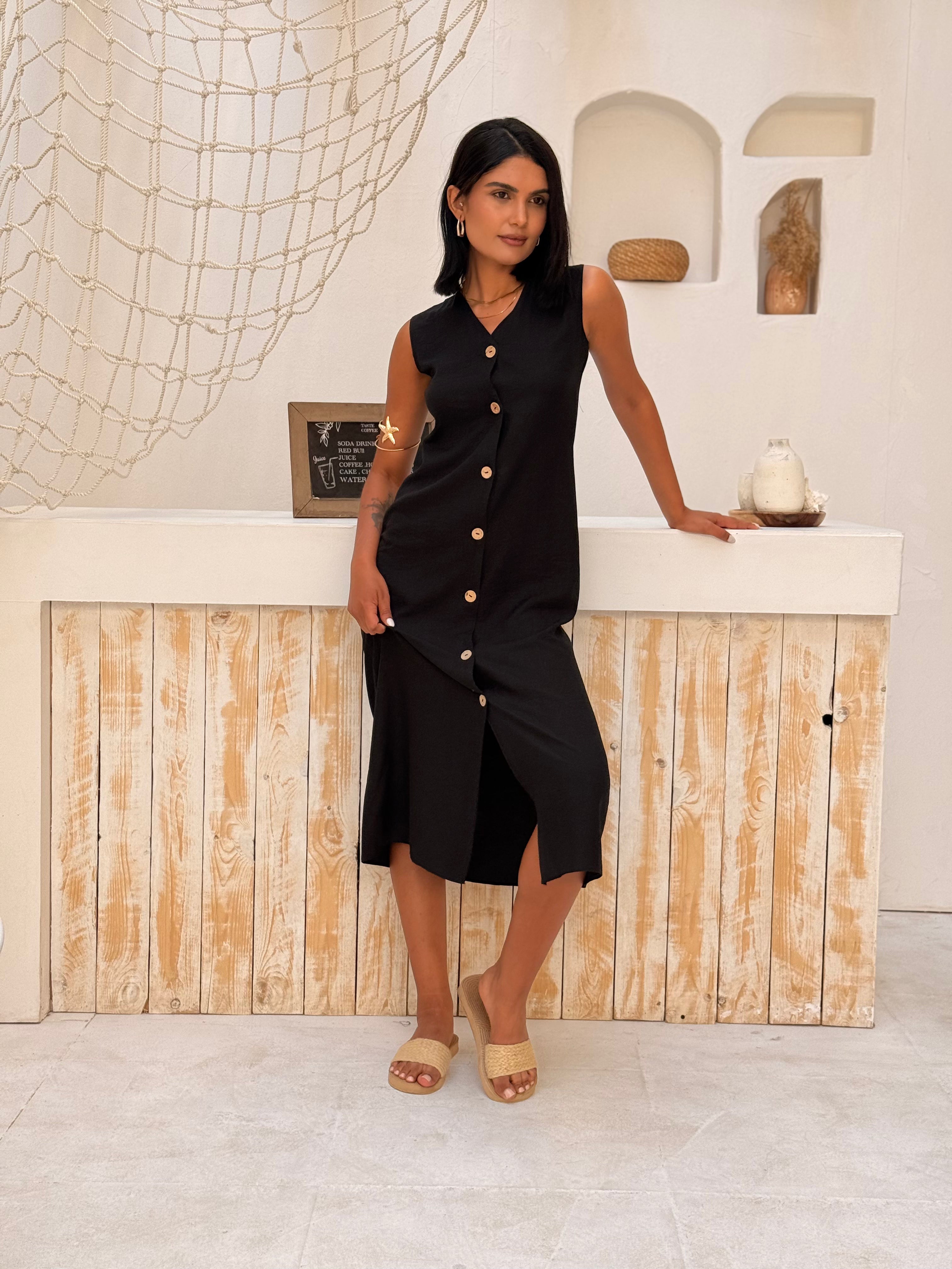 Solid Button Front Sleeveless Dress – Black