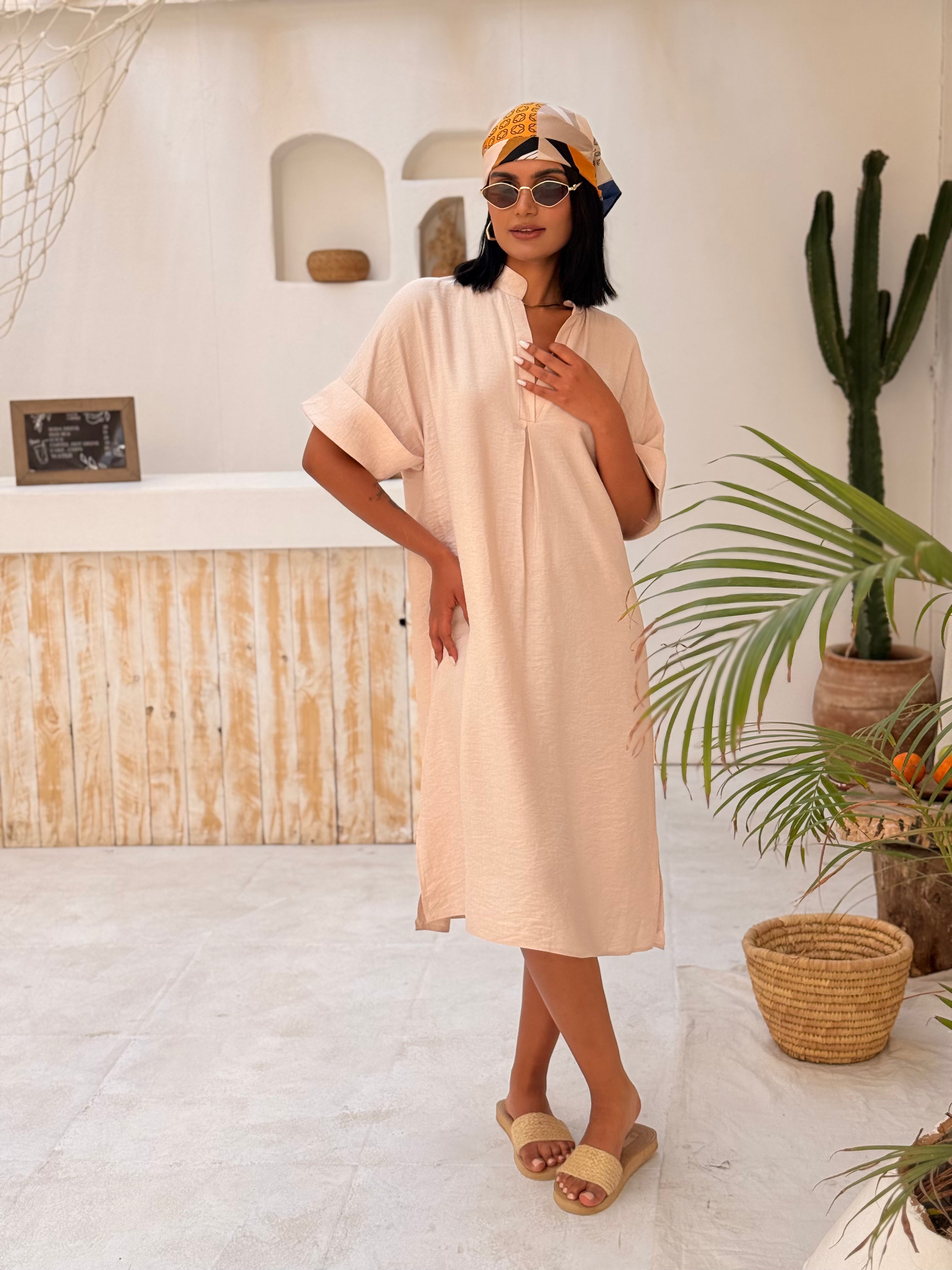 Solid Split Neck Midi Dress – Beige