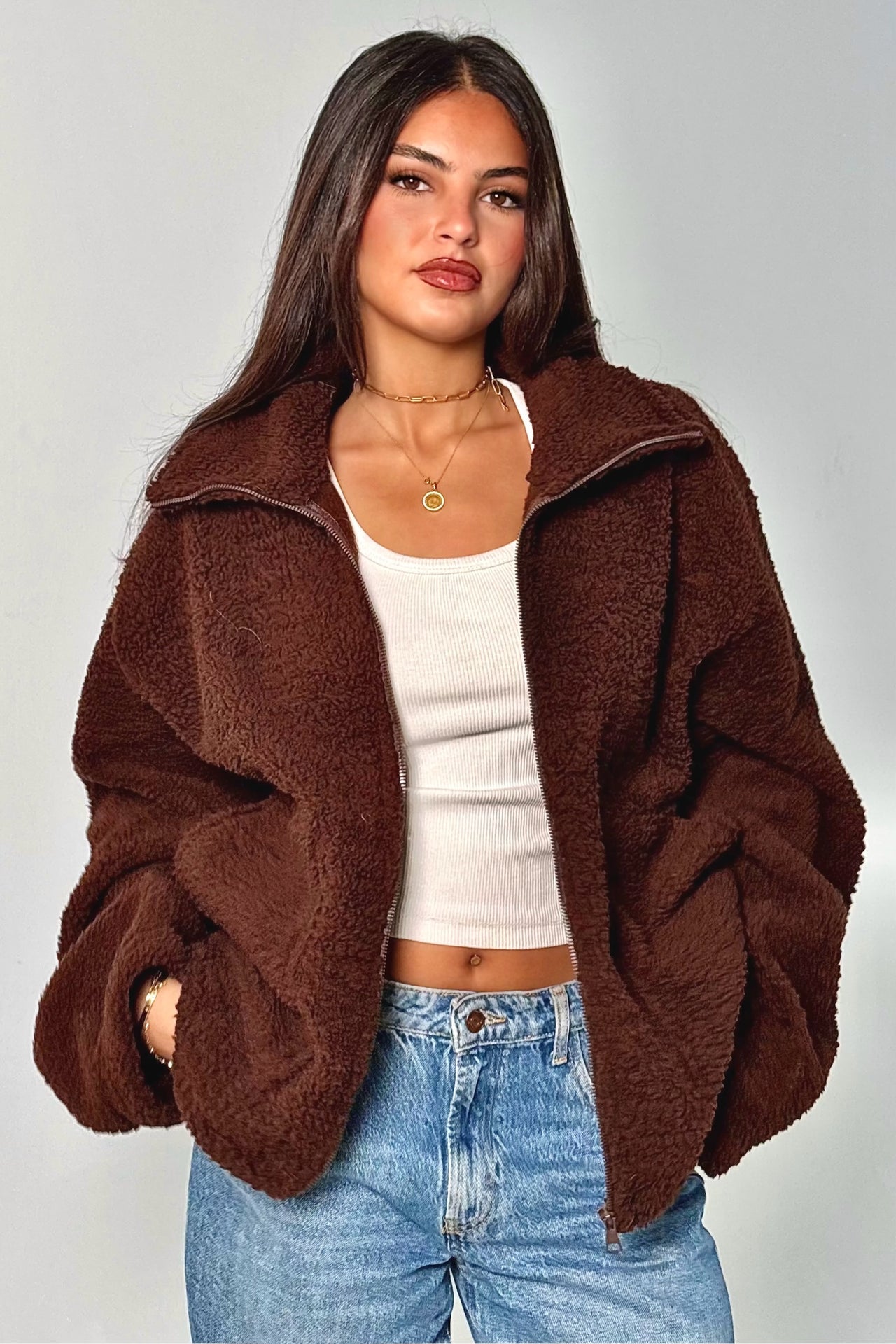 Faux Fur Zipper Teddy Jacket – Brown