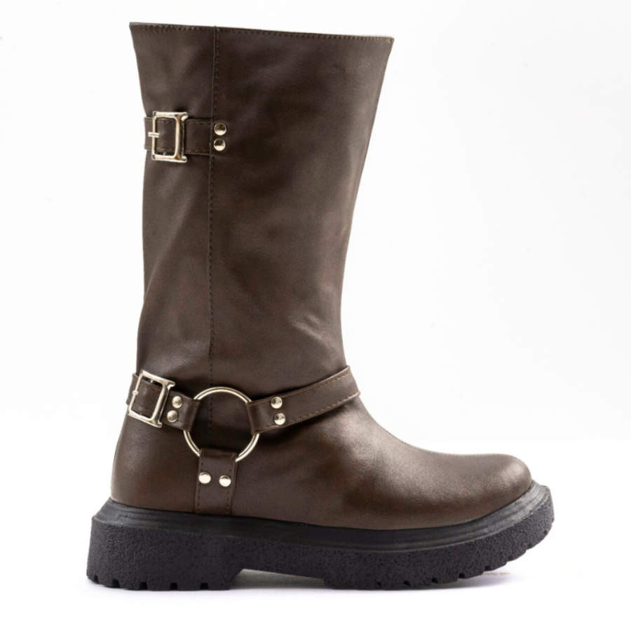 Faux Leather Biker Boots - Brown