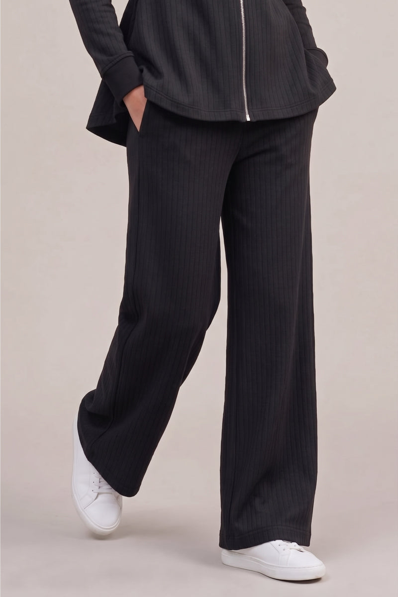 Ribbed Wide-Leg Lounge Pants – Black