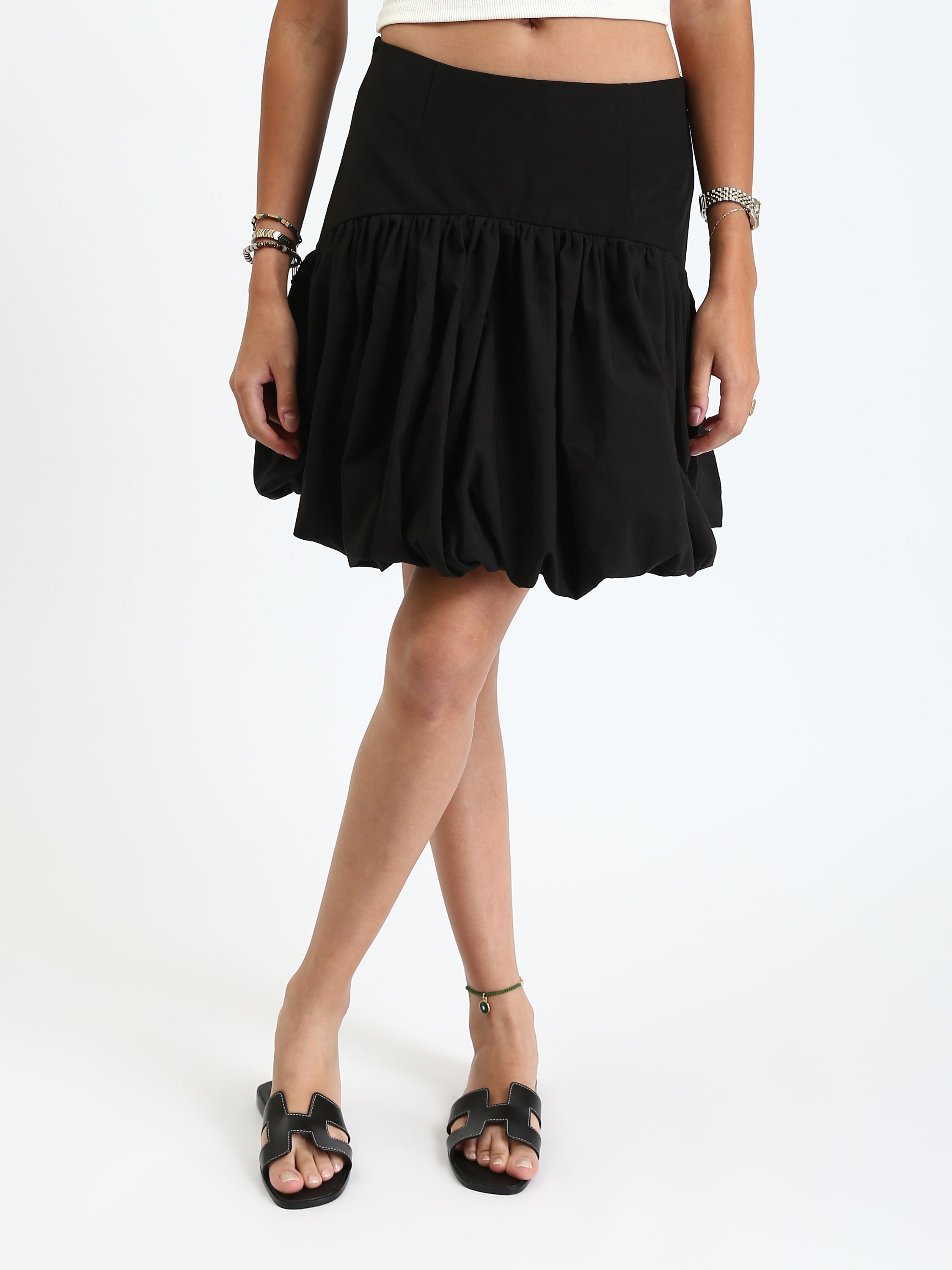 Poplin High-Waisted Bubble Mini Skirt - Black
