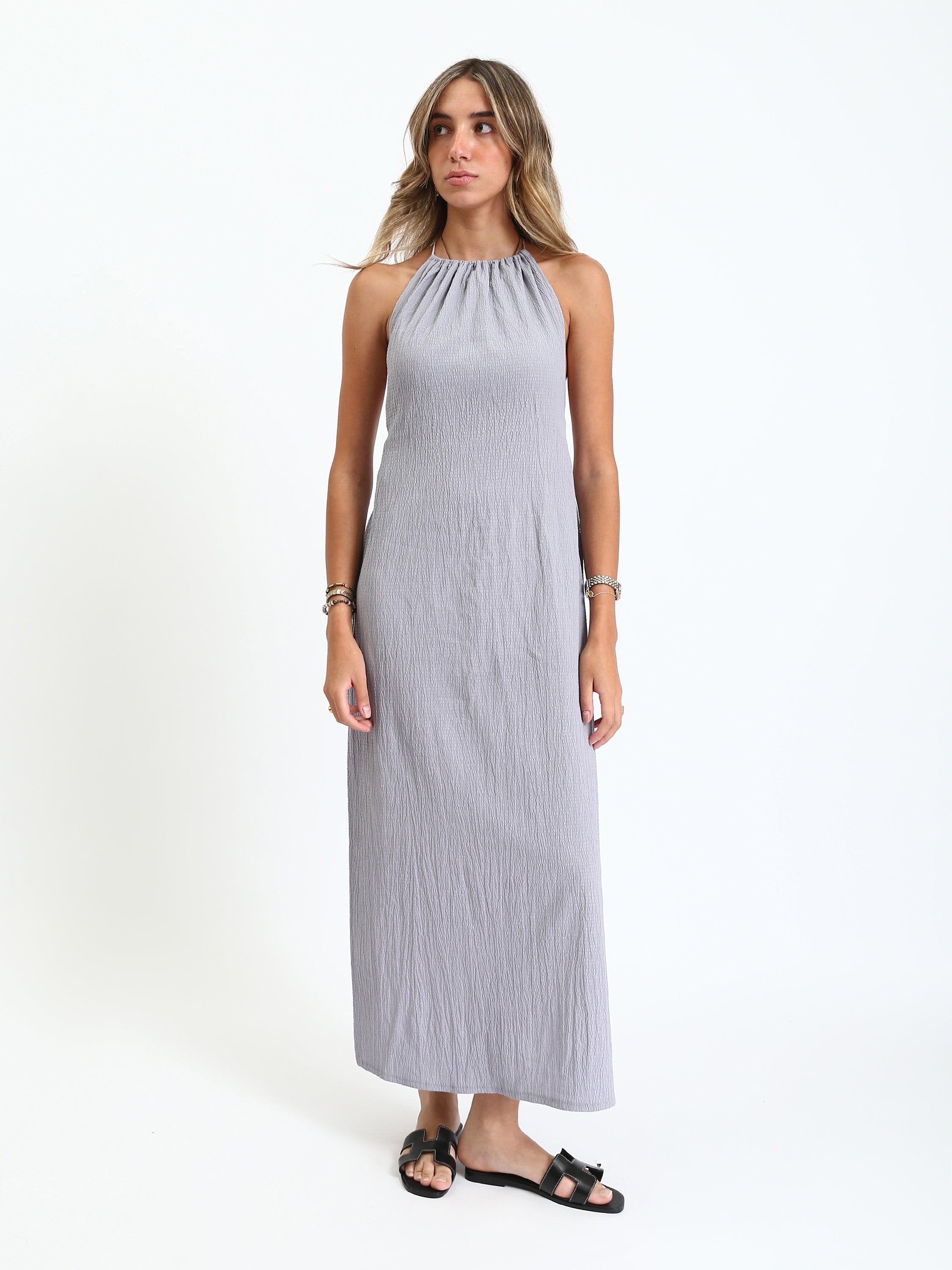 eyelet halter dress Summer Dark Gray Casual Halter Neck Long Dress for Effortless Style –  Canary Houze main image 1