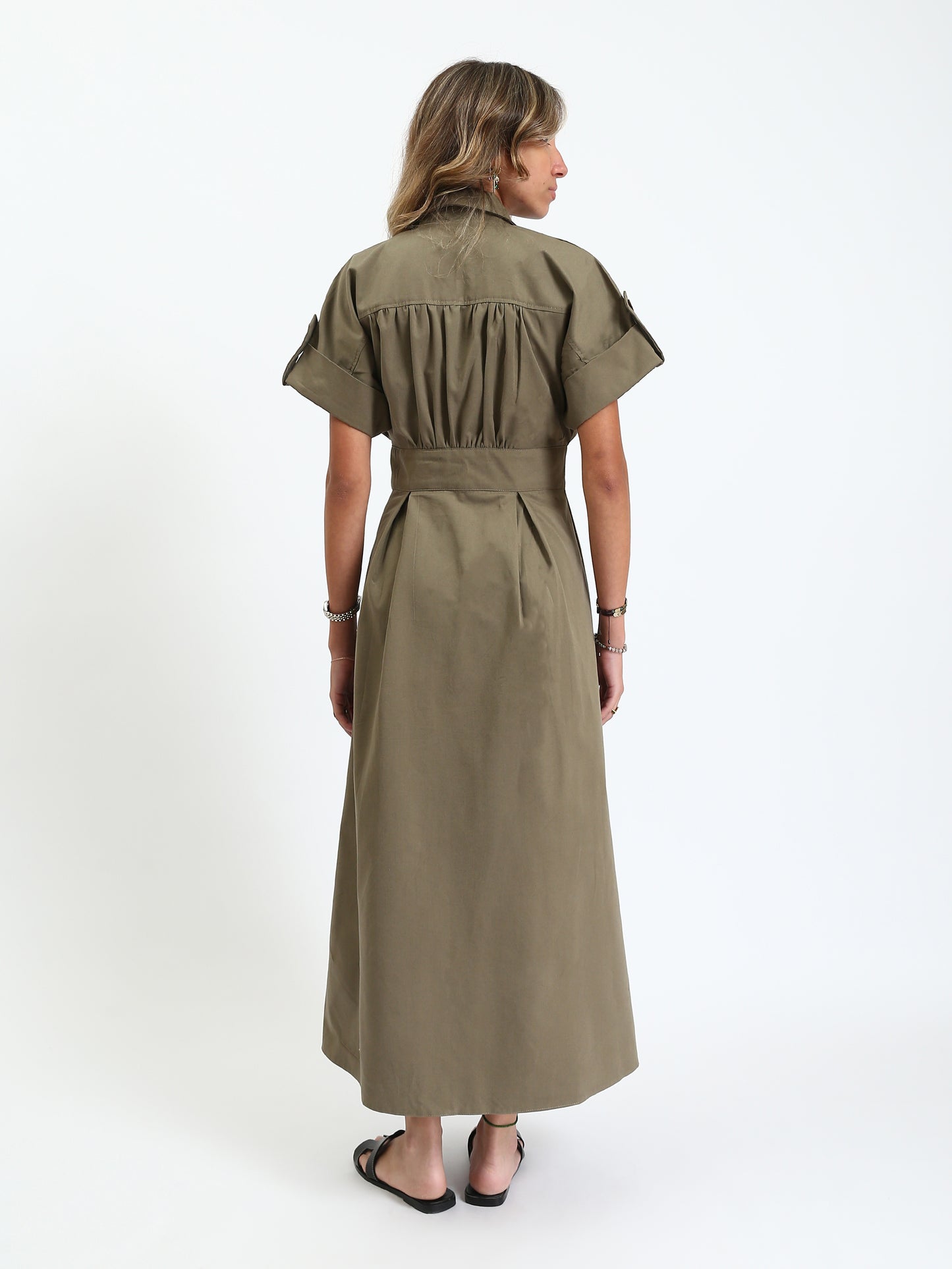 Gabardine Shirt-Style Belted Midi Dress - Olive