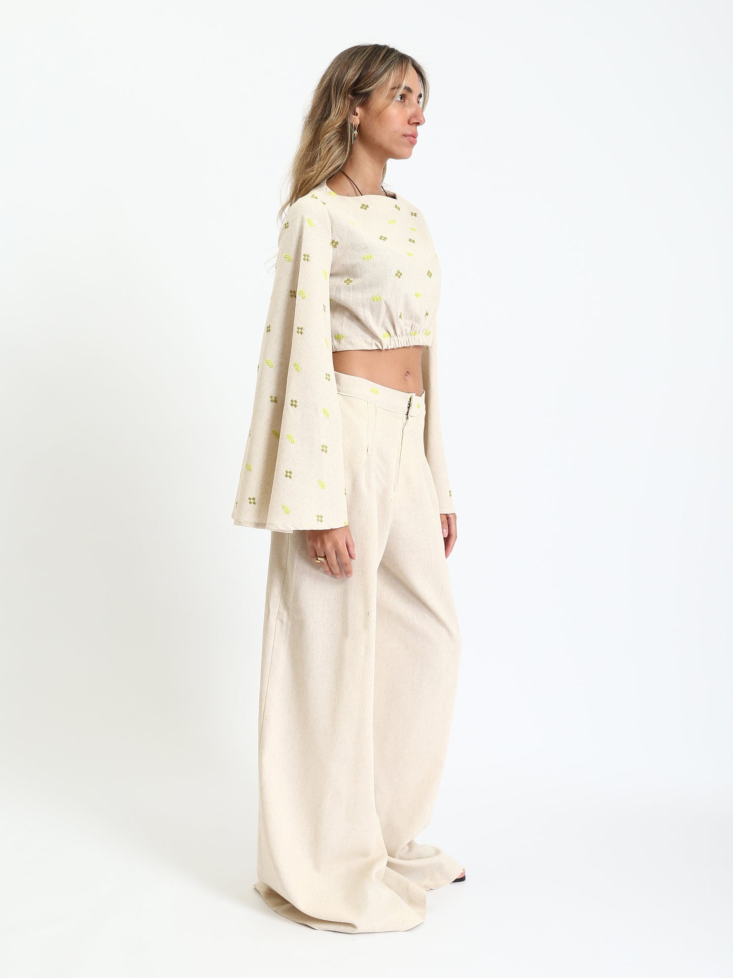 Linen Embroidered Set - Beige