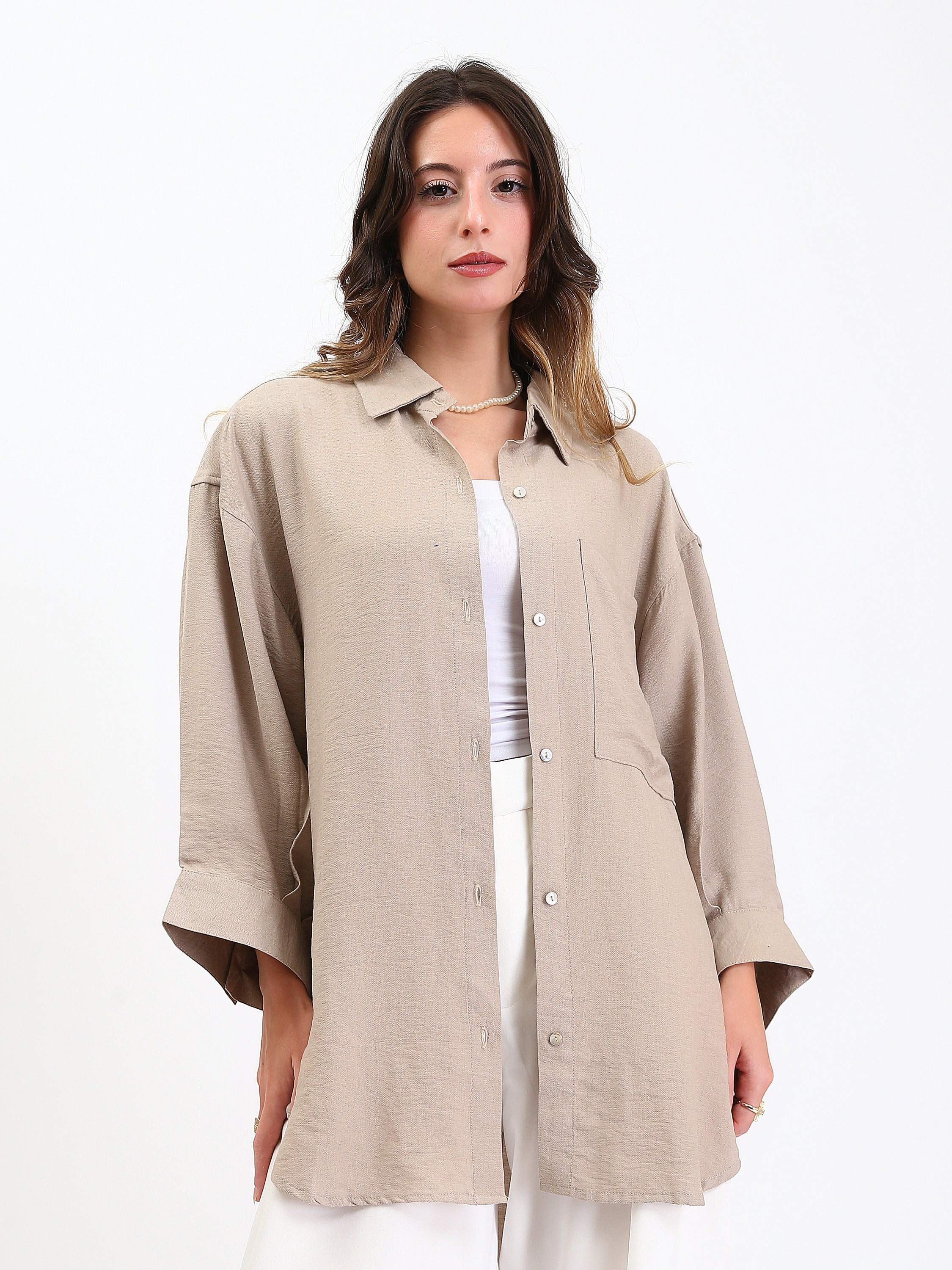 Linen Long Sleeves Relaxed Textured Shirt - Beige