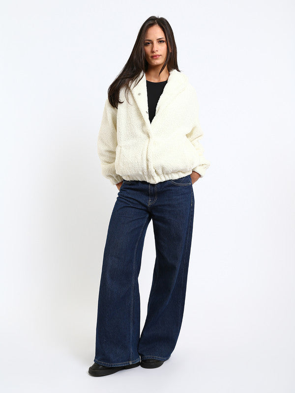 Teddy Fur Plain Snap-Button Jacket – White
