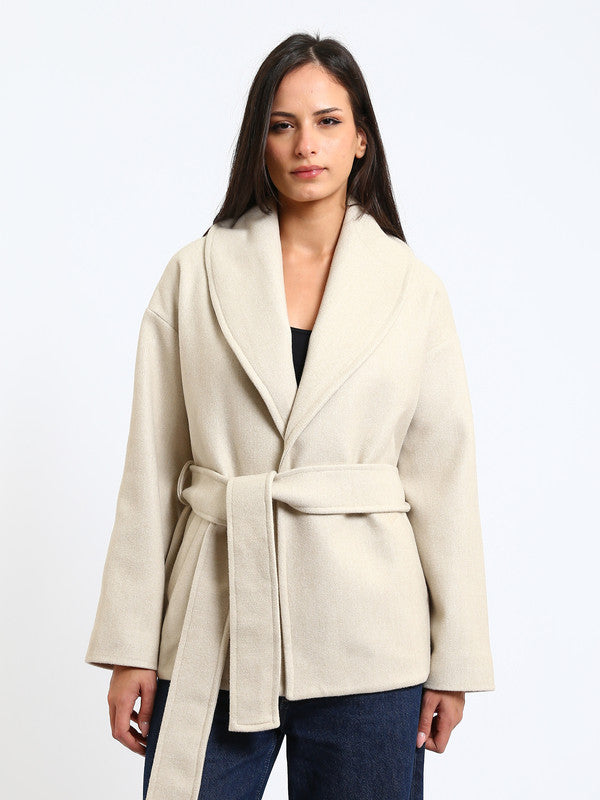 Wool Blend Felt Solid Belted Jacket– Greige