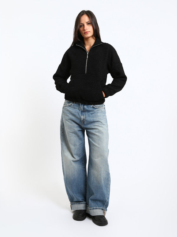Teddy Fur Plain Half-Zip Sweatshirt – Black