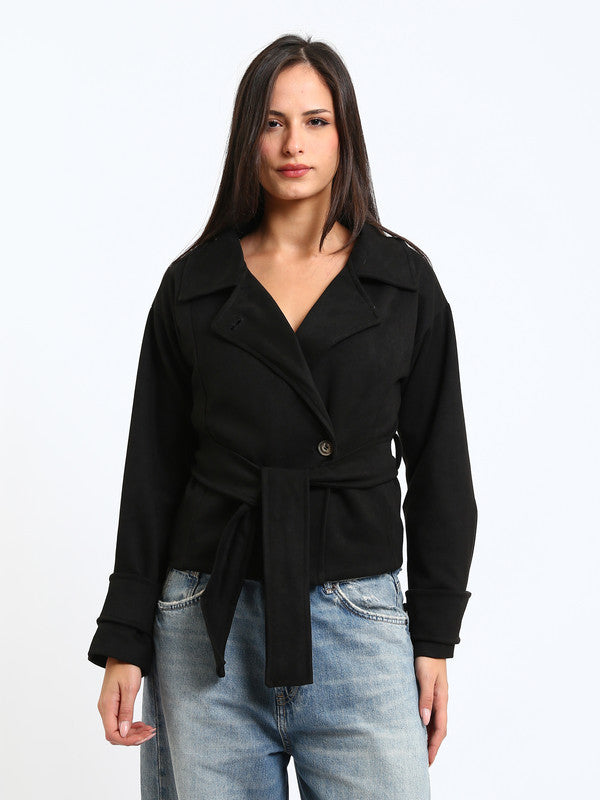 Suede Plain Wrap Jacket – Black